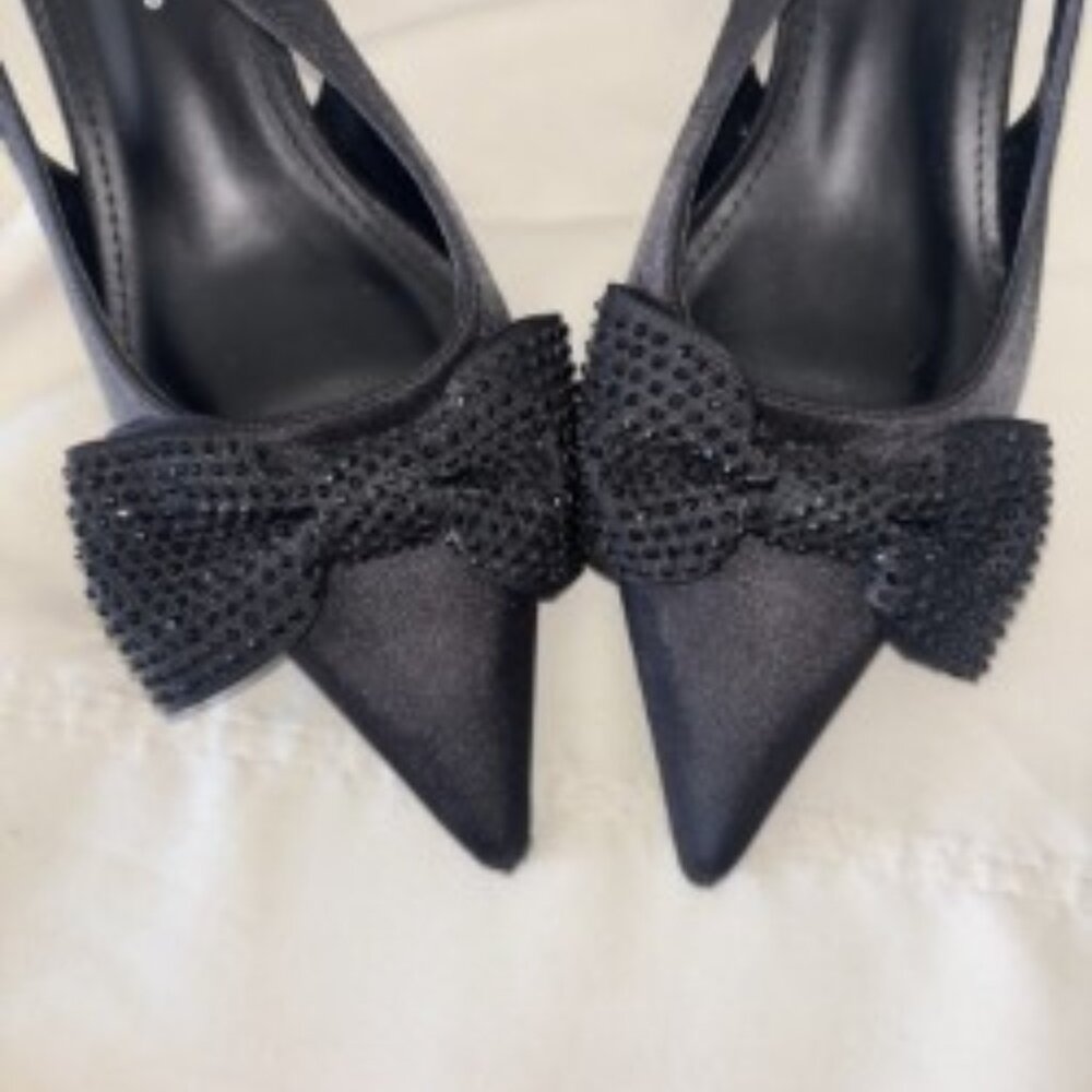 Size 6.5………Black Satin Rhinestone Bow Buckle Heels. PUBLIC DESIRE